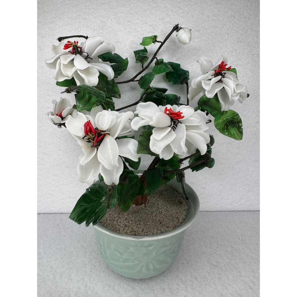 Vintage Chinese Glass Jade Bonsai Tree White Magnolia Blossom Flower Celadon Pot